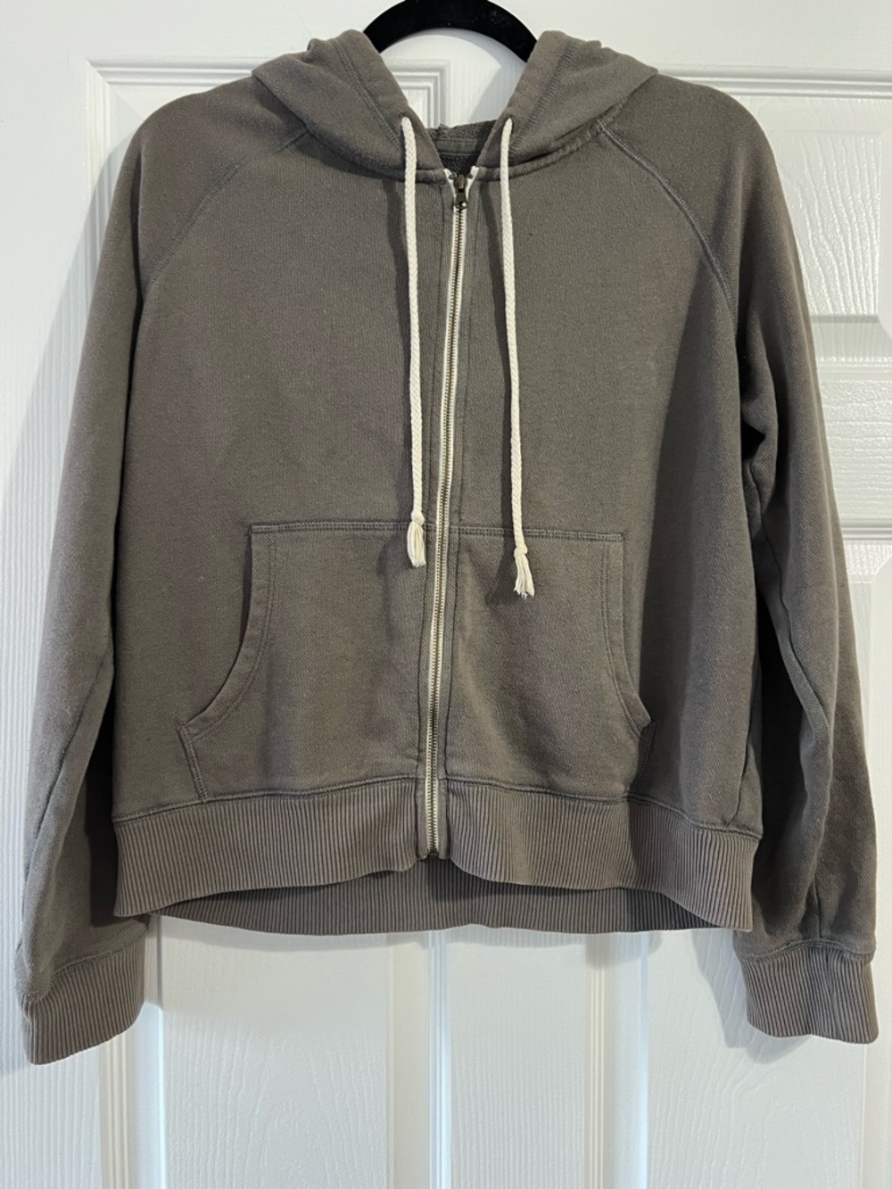 aerie Women's Zip Hoodie in Taupe with White Drawstrings